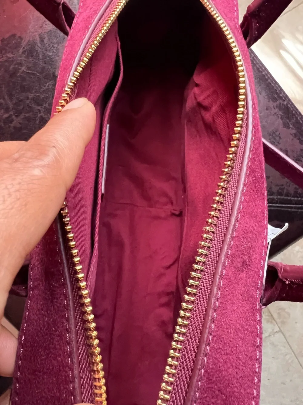 LOFT Wine Suede Satchel with Gold Hardware